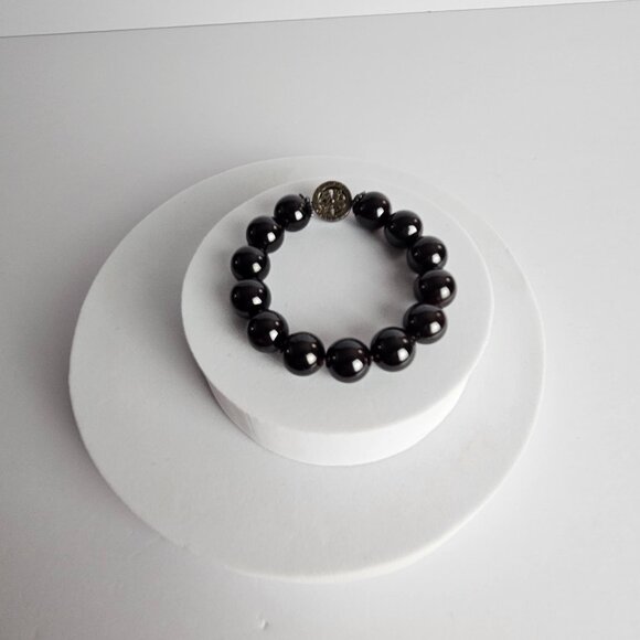 Black Beaded Bracelet with Medallion Accent | Minimalist Stretch 3" Bracelet - Picture 1 of 9